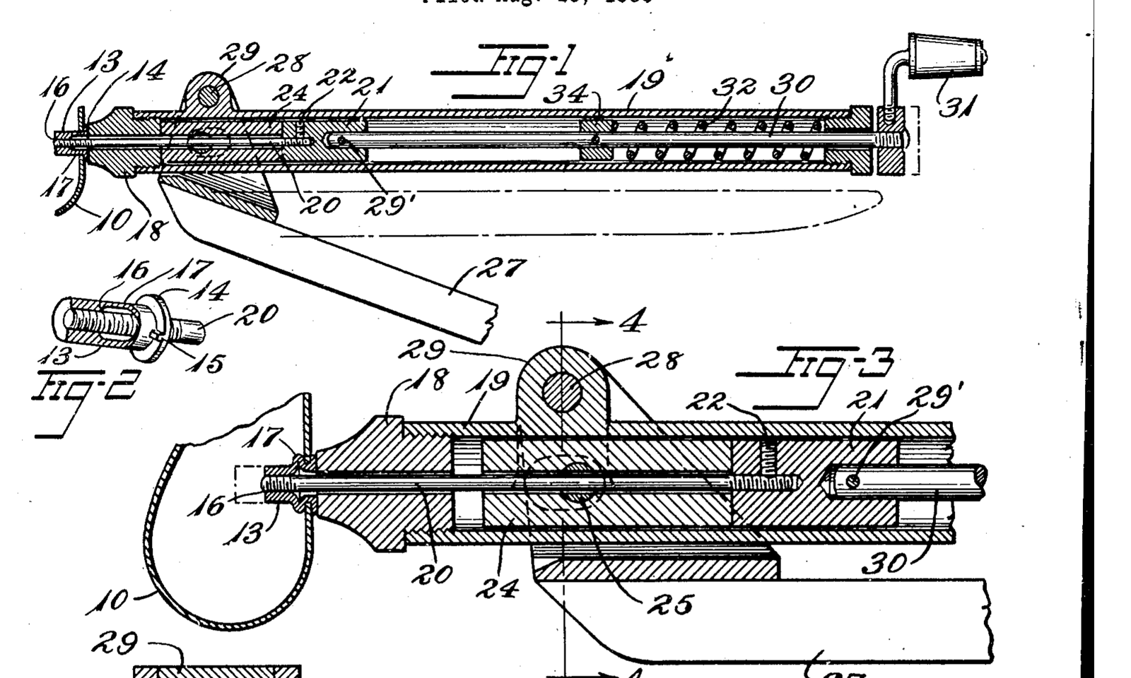 Fig. 1: "the apparatus used in the installation of one of the tubular rivets"; Fig. 2: the rivet "with the threaded draw rod inserted therein"; Fig. 3: "the second step in the procedure of installing the rivet."