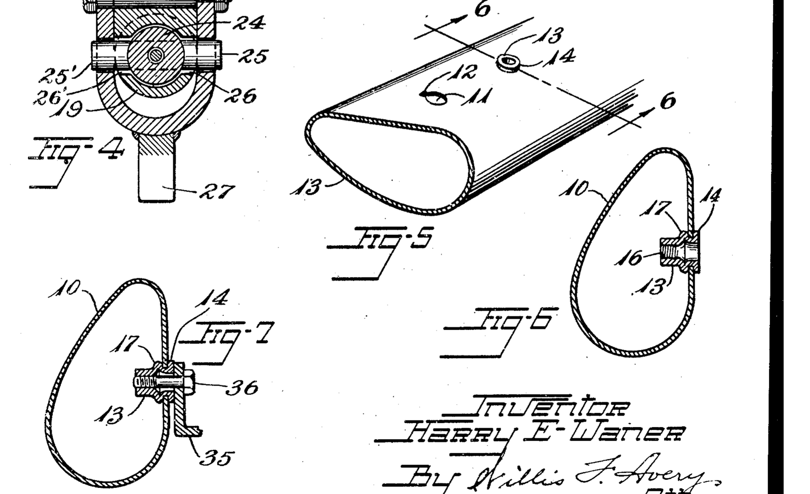 Fig. 4: a section of the tool; Fig. 5: the wall with its aperture and an installed rivet; Fig. 6: section on line 6-6 of Fig. 5; Fig. 7: "a similar view showing a bracket attached to the rivet."