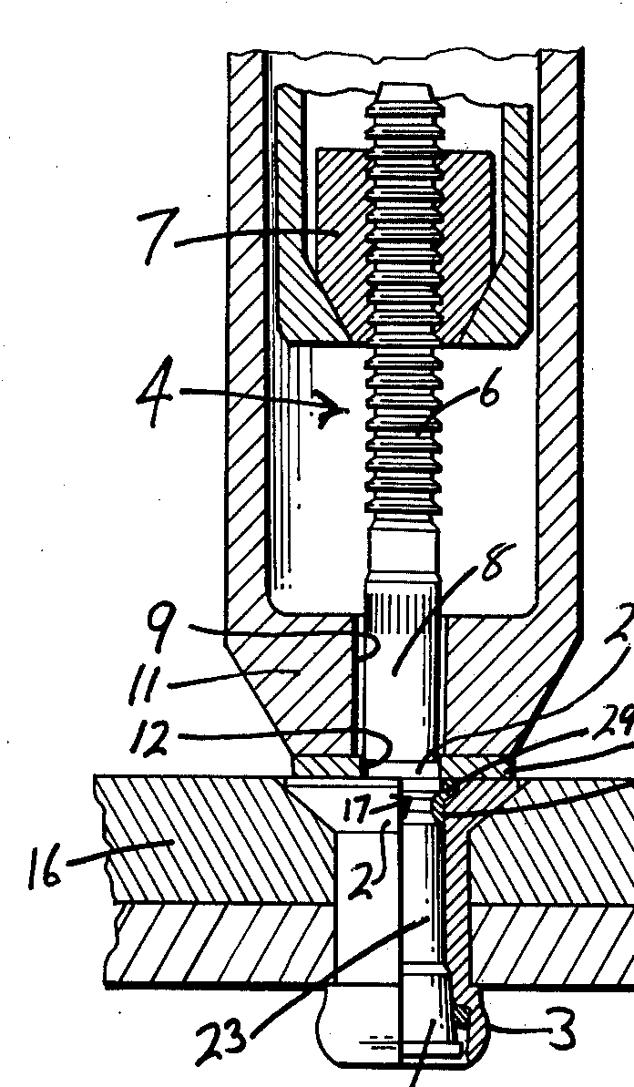 Sectional view of the blind rivet fastened in the work (installation tool shown).
