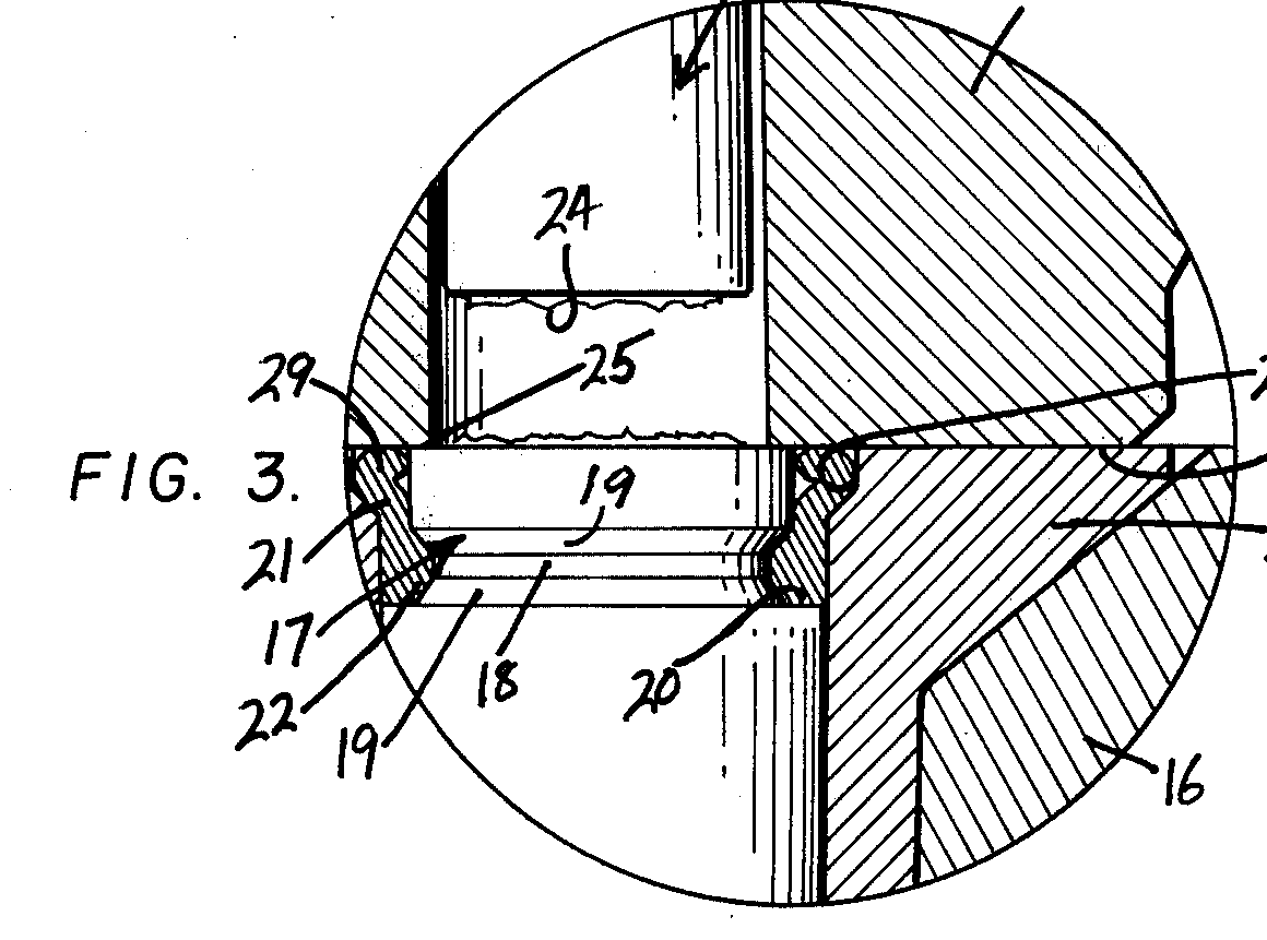 Enlarged fragmental sectional view of the interlocking portion of the rivet stem and the rivet head without the use of a separate pressure washer.