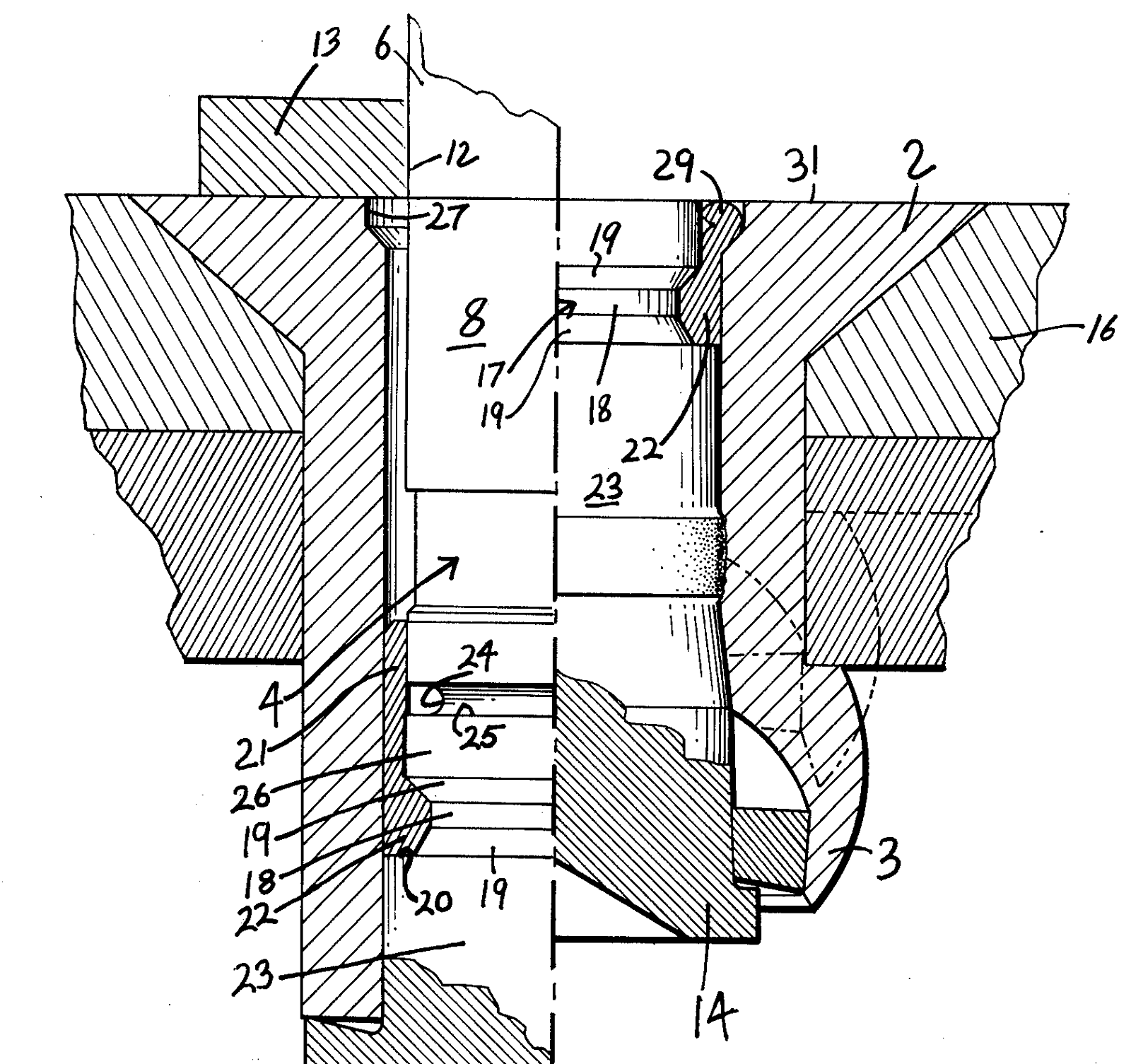 Sectional view, one half of which shows the rivet assembly inserted in work and the other half of which shows the blind rivet fastened in work.