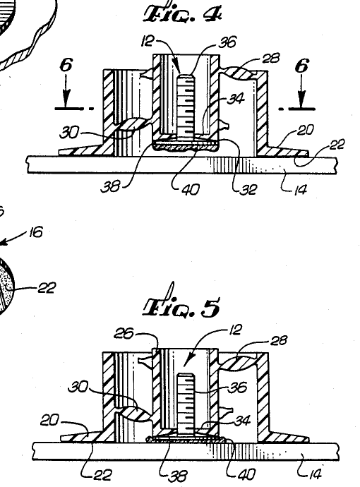 FIG. 4: "the fixture of FIG. 1 temporarily mounted onto a substrate with a threaded screw attachment carried in a first position substantially out of bearing engagement with the substrate"; FIG. 5: "the fixture in a second position with the attachment urged into bearing engagement with the substrate".