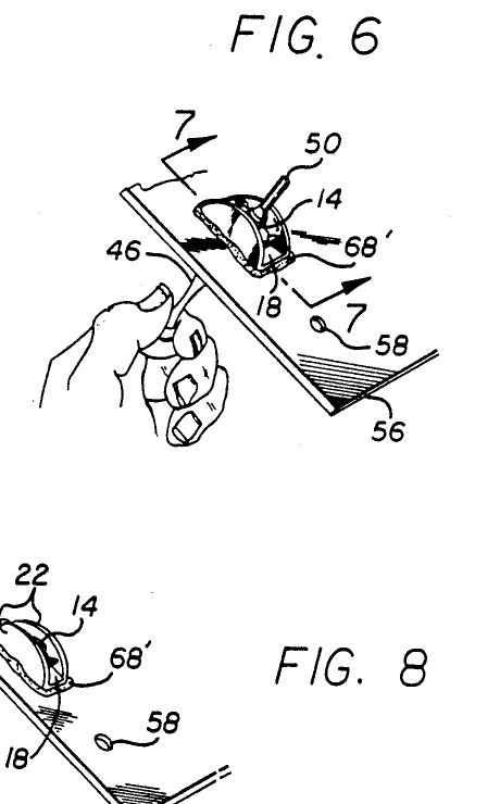 FIG. 6: "initial placement of the nutplate assembly onto the blind side of a selected substrate"; FIG. 8: "forcible removal of an installation fixture from an adhesive mounted nutplate".