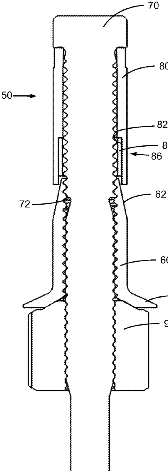 Prior art Composi-Lok 3 fastener: nut, bolt, sleeve and drive nut (cross-sectional side view).