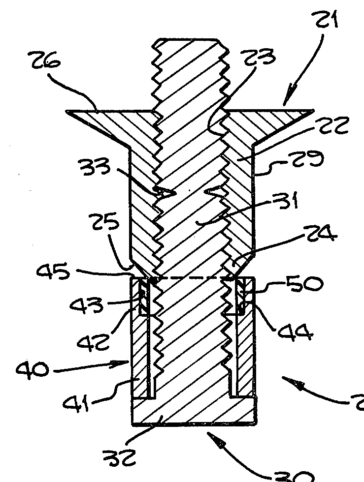 Axial cross-sectional view of the assembled fastener prior to installation.