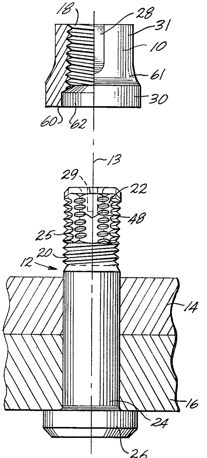 Expanded elevational view of the collar and shear pin, with the collar shown partly in half section and the pin shown in a pair of sheets.