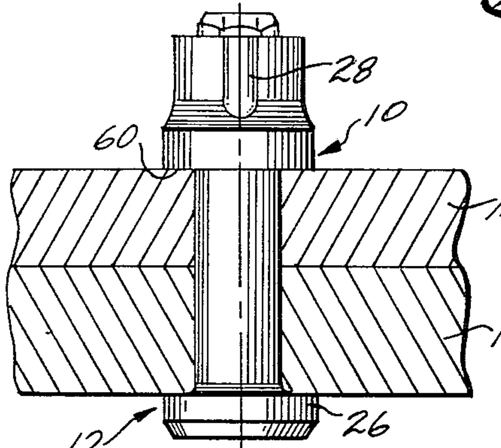 The collar and shear pin clamping a pair of sheets, but before the design clamp-up load has been reached.