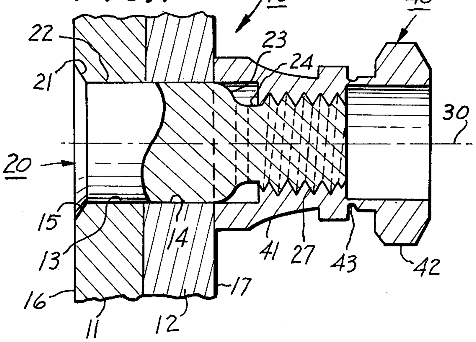 Axial cross-section of the presently-preferred embodiment: a shear flow joint of two sheets, the pin (head, cylindrical shank, reducing transition and neck sections) and a collar with a drive section that shears off at a predetermined torque.