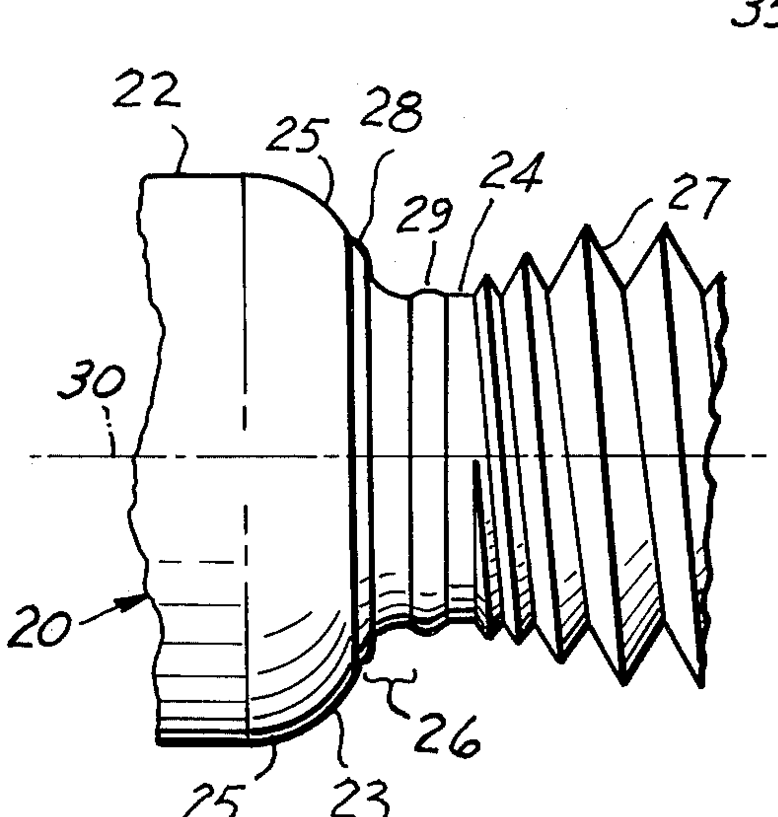 Enlarged view of a portion of Fig. 1: the pin's shank, reducing transition section and neck.