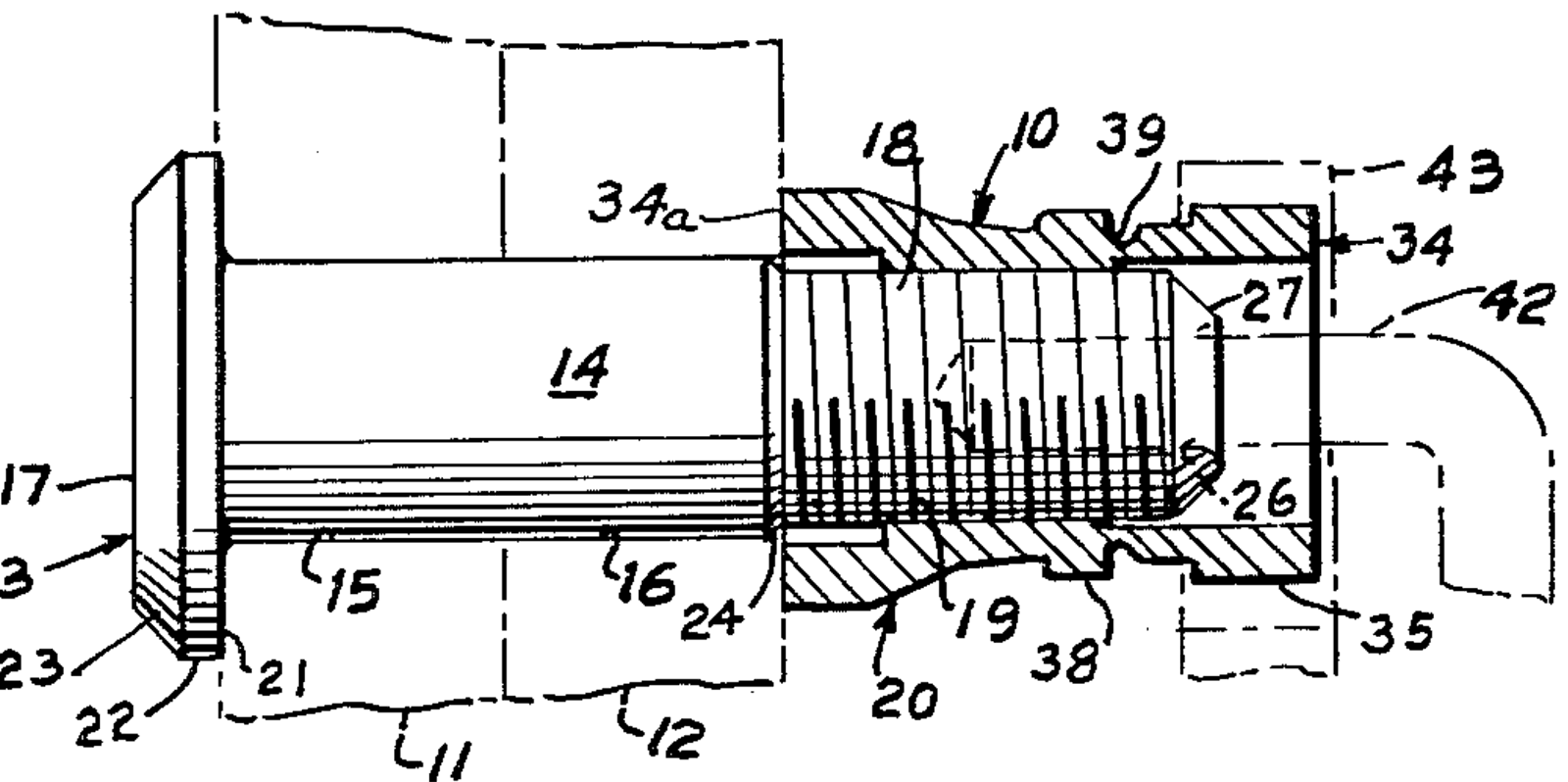 Side view, partly in cross-section, of the fastener in the process of being tightened.