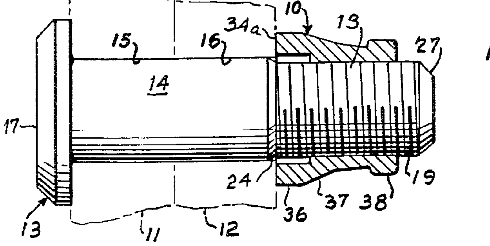Side view, partly in cross-section, showing the fastener of Fig. 6 in its finally-tightened condition.