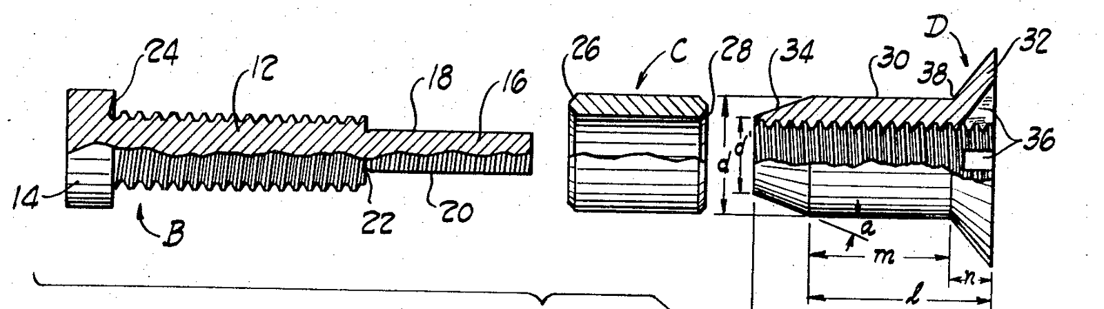 Expanded view of the fastener (screw, sleeve and nut), with parts broken away and in axial section to show the construction.