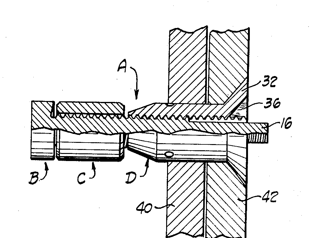 Axial sectional view, with portions in elevation, showing the fastener in position in two members to be secured together.