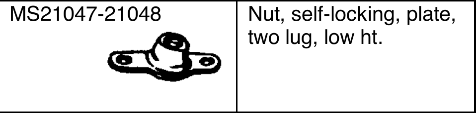 MS21047-21048: "Nut, self-locking, plate, two lug, low ht."