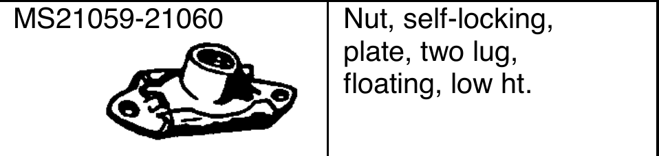 MS21059-21060: "Nut, self-locking, plate, two lug, floating, low ht."