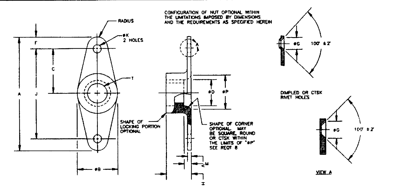MS21047 plate nut: plan and section ("CONFIGURATION OF NUT OPTIONAL WITHIN THE LIMITATIONS IMPOSED BY DIMENSIONS"), rivet holes øK, dimpled or countersunk rivet holes 100° ±2°.